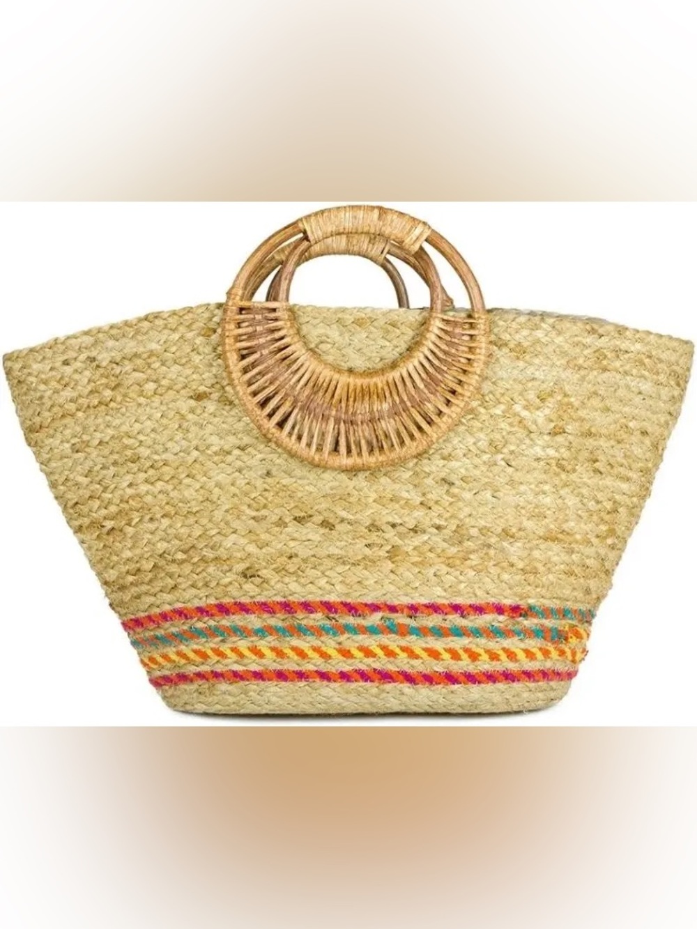 Magid Jute Natural Straw Tote with Multicolor Stripe Accent